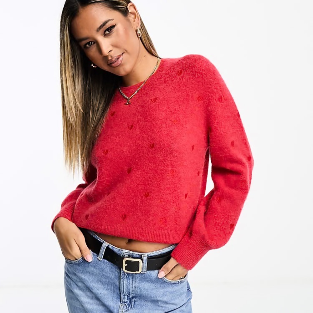 & Other Stories Women’s Red Heart Embroidered Mock Neck Jumper Sweater